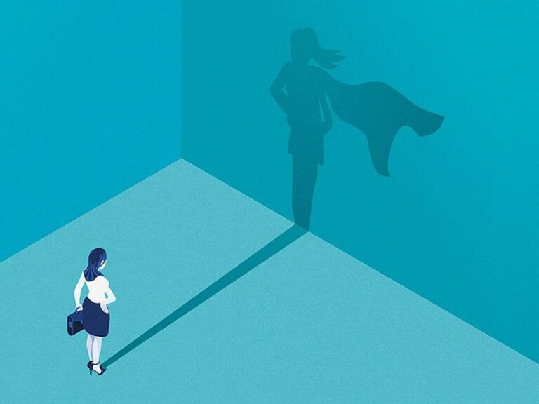 An illustration of a woman looking at a shadow of a supergirl in a cape